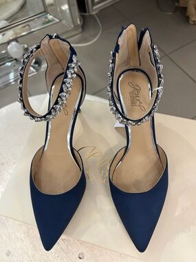 Badgley Mischka Navy Jeweled Ankle-Strap Pointed-Toe Pumps